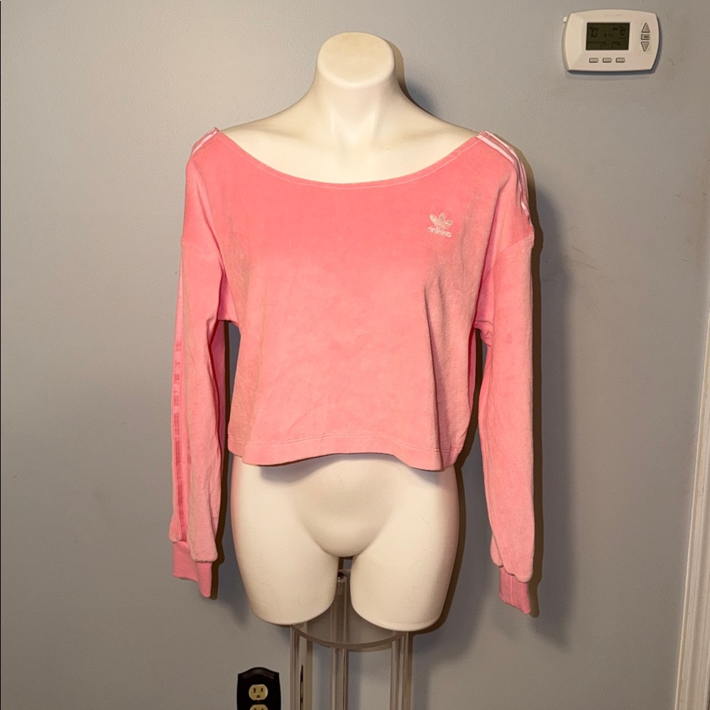 adidas Ladies Relaxed Risqué velour off the shoulder sweatshirt-Vibrant pink - Picture 2 of 14